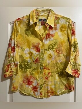 La Cabana Women’s Hawaiian Floral Cotton Shirt PETITE Medium 3/4 Sleeves